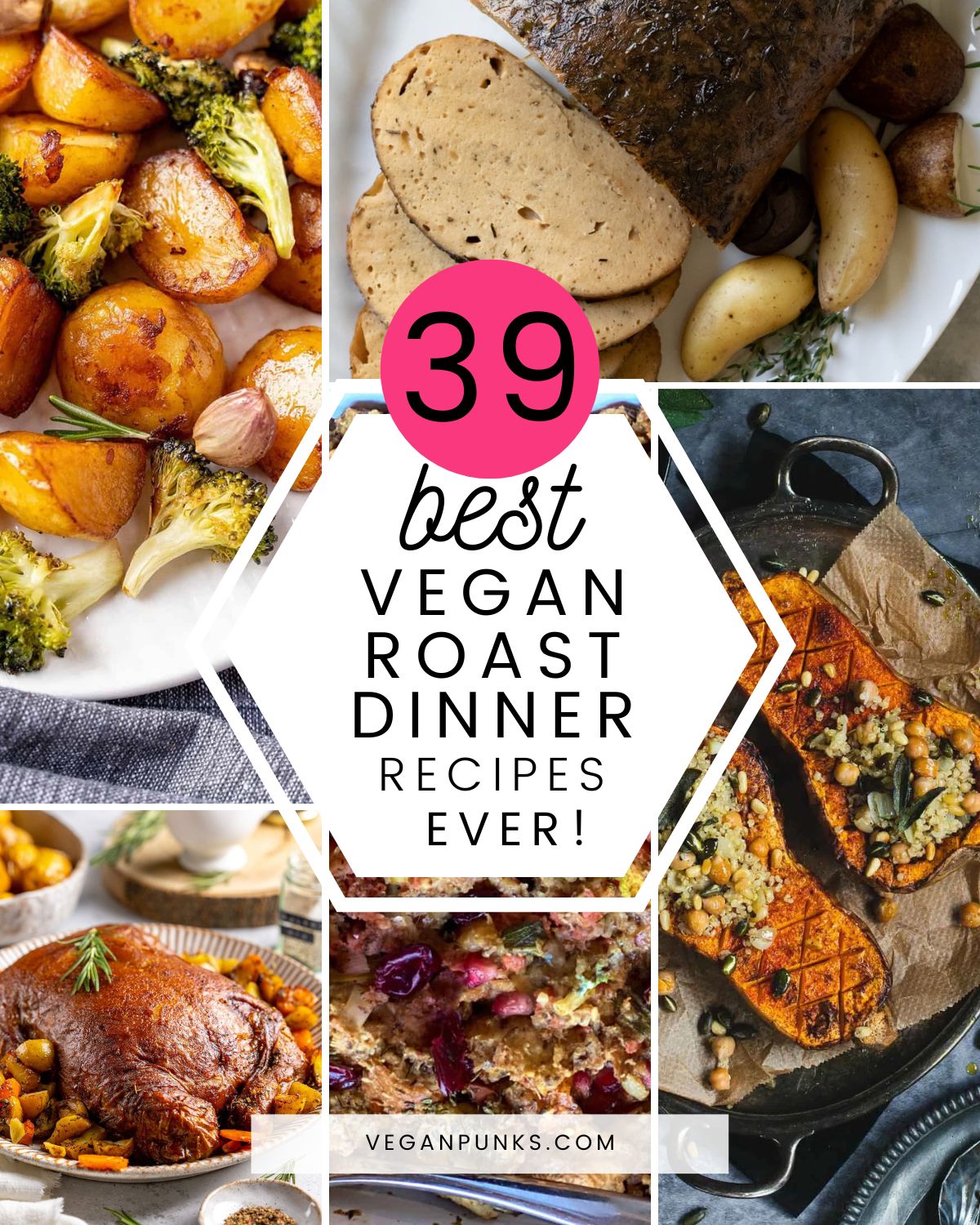 Collage of vegan roast dinner recipes with a title in the middle.