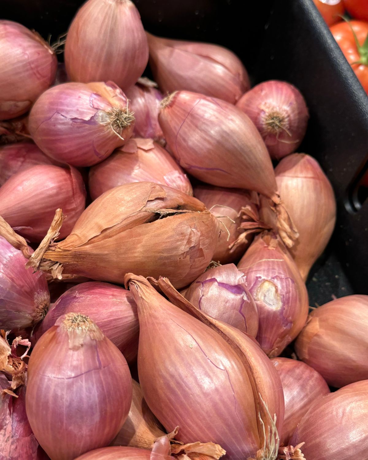 Lots of shallots in a container.