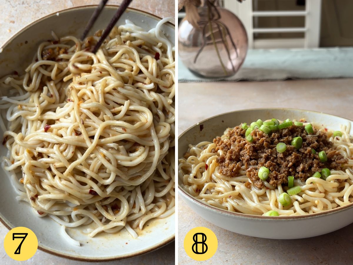 Noodles with sauce in a bowl and topped with TVP mince and sliced spring onions.