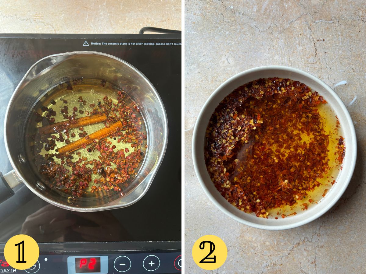 Oil with whole spices in a pan, chili oil in a bowl.